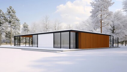 Fototapeta premium Modern house in snow with air-source heat pump outside