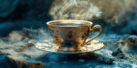 A gold cup with steam rising from it sits on a rocky surface