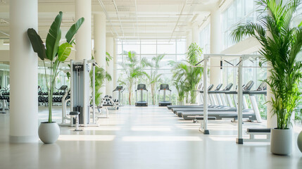 Fototapeta premium Serene Gym Environment with Bright Lighting and Green Plants