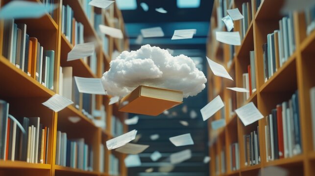 The image shows a library with books flying out of the shelves in an explosion-like fashion, symbolizing knowledge and learning bursting forth from the confines of traditional libraries.