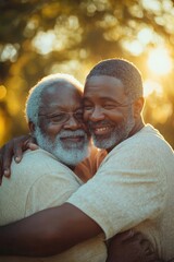 Fototapeta premium A heartwarming scene of a young man embracing an older gentleman, both sharing smiles and warmth under the bright sun.