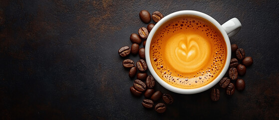 A white cup of coffee with latte art and scattered coffee beans on a dark textured background. Concept of coffee culture
