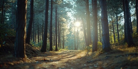Obraz premium Sunlit forest trail with rays of sun shining through the trees creating a warm glow. Path is well-trodden and inviting.
