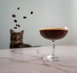 expresso martini cocktail in a elegant crystal glass on a white marble counter with coffee beaans falling in the air and a cat looking from the distance