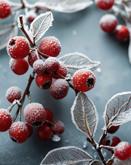 Frosty berries. Snow covered branches. Seasonal holiday background, close up shot. copy space