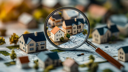 Magnifying Glass Enlarges Detailed Miniature House Models on Architectural Blueprint, Showing Property Development Plans