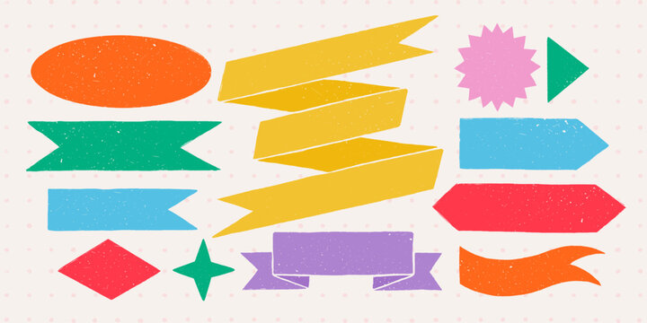 Retro ribbon banners and shapes in rough rustic style. Hand drawn vintage textured badges, banners, ribbon, flags, and other design elements. Hand-drawn infographic Vector collection