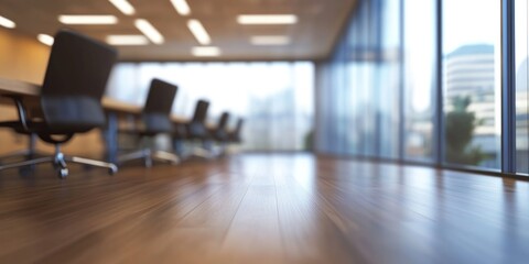 Obraz premium Empty conference room with polished wood floors and sleek furniture