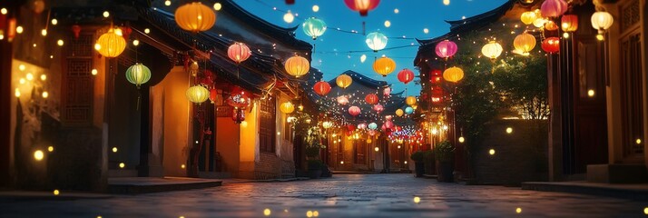 Colorful lanterns hanging on a traditional street at dusk, festive ambiance.