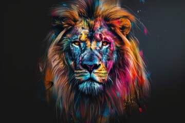 Vibrant and dynamic lion portrait with color splashes on face.
