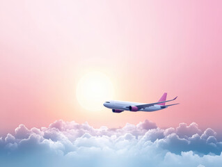 Airplane flying above clouds at sunset with serene sky.