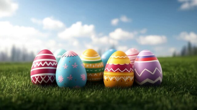 Painted Easter Eggs  on Grass Under a Cloudy Spring Sky