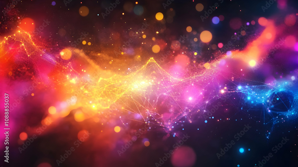 Poster abstract 3d background: glowing network of particles and bokeh lights in vibrant hues