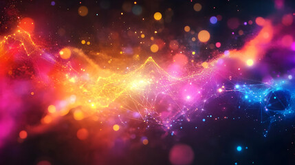 Abstract 3D Background: Glowing Network of Particles and Bokeh Lights in Vibrant Hues