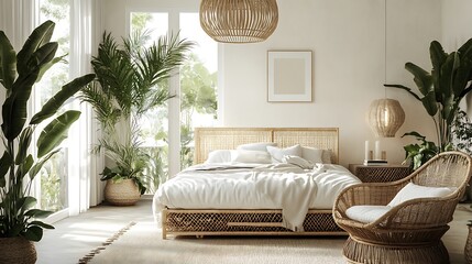 Beautiful Colored Mockup Bedroom Interior Blank Poster Decoration Art Background Image, generative AI