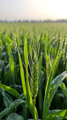 Fototapeta premium wheat growing, vibrant, green, simple design, dew, early morning