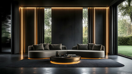 Modern Dark Living Room: Curved Sofa with Gold Accent Lighting and a Round Coffee Table,  Illustrative 3D Interior Design