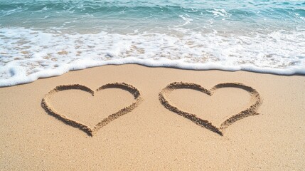 Two heart shapes drawn in the sand by the ocean, symbolizing love and romance on a sunny beach.