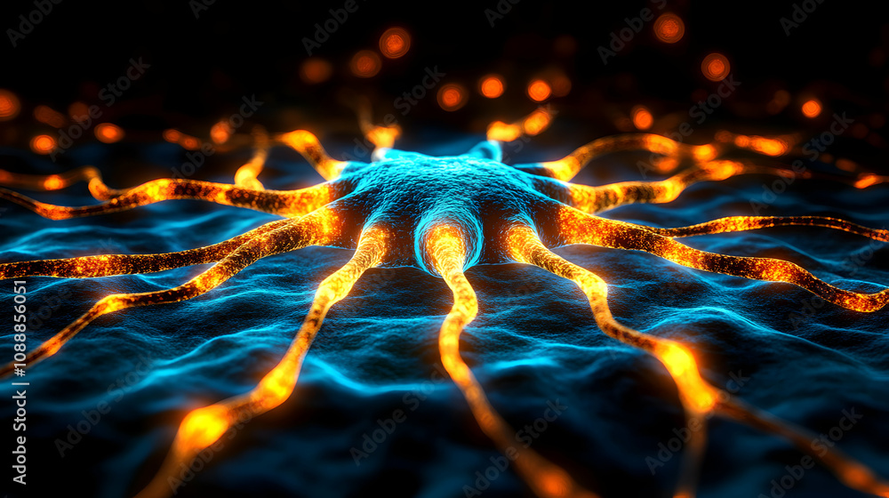 Poster glowing neural network: 3d digital illustration of a neuron with bright orange axons on a deep blue 