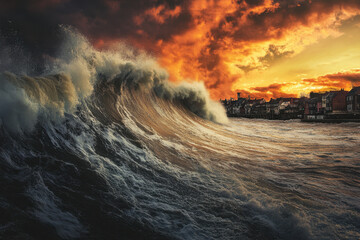 Fototapeta premium A dramatic wave crashes near a coastal town under a fiery sunset sky, highlighting the power of nature against a backdrop of vibrant orange and red clouds.