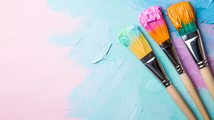 Fototapeta premium Colorful paintbrushes on pastel background, showcasing vibrant hues of pink, green, and orange. Perfect for artistic inspiration and creativity