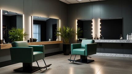 Modern, minimalist hair salon interior with two green styling chairs, illuminated mirrors, and sleek countertops.
