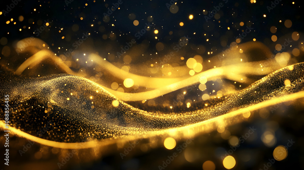 Poster golden particle waves flowing abstractly in dark background with shimmering lights