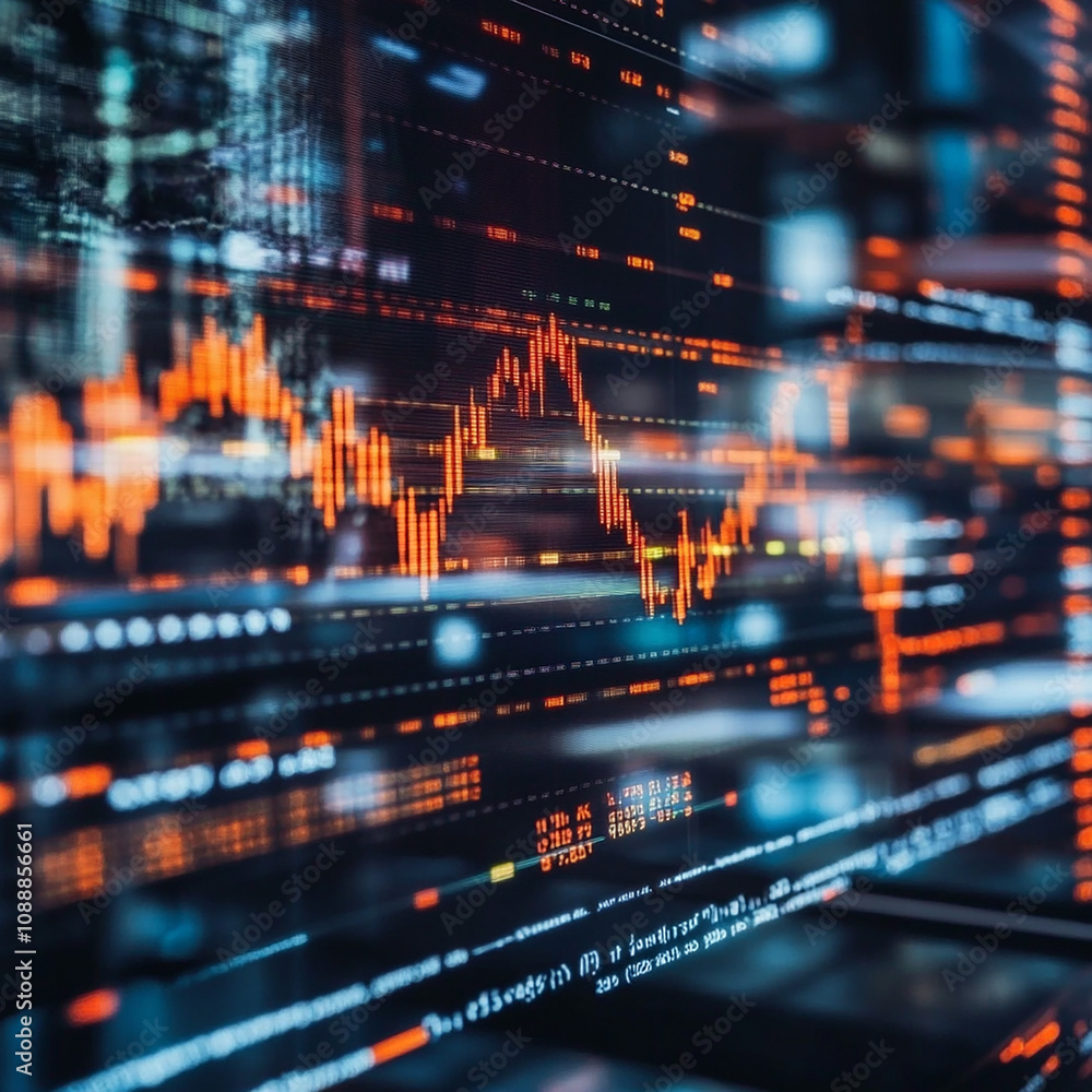 Poster close-up of a stock market graph displayed on a computer monitor, showing a fluctuating trend line w