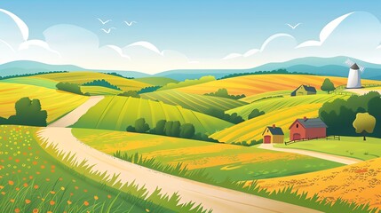 Obraz premium A cartoon illustration of a rural landscape with a windmill and houses on a hill.