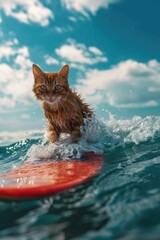 Adorable cat on surfboard in ocean