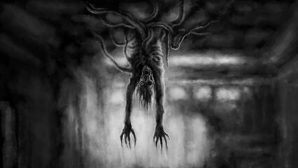 Scary dead body suddenly falls from ceiling and hangs upside down. Creepy mummy in dark corridor. Dark illustration in horror fantasy genre. Gloomy character from nightmares. Coal and noise effects. 