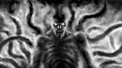 Scary mutant with tentacles emerge from fog. Spooky monster  look with evil glowing eyes. Dark illustration in horror fantasy genre. Gloomy character from nightmares. Coal and noise. Black and white.