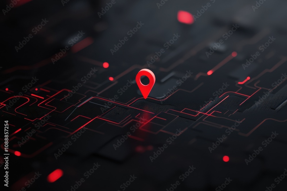 Poster a digital map featuring a red location pin on a dark, circuit-like background.