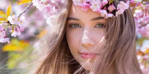 Naklejka premium A young woman adorned with a cherry blossom crown captures the essence of spring. Her serene expression reflects the season's renewal and natural beauty amidst blooming trees.