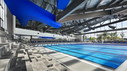 Fototapeta premium Olympic sized indoor swimming pool. Interior swimming pool, stadium, college, event. Brightly lit, fresh water. 