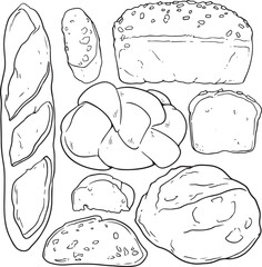 bread handrawn doodle illustrations vector set. black line vector.