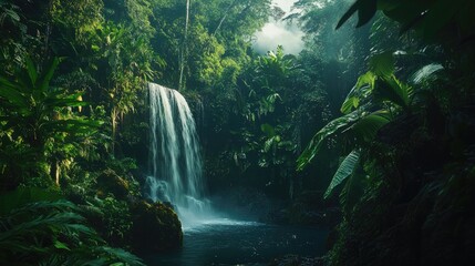 Lush Tropical Landscape with Hidden Waterfall