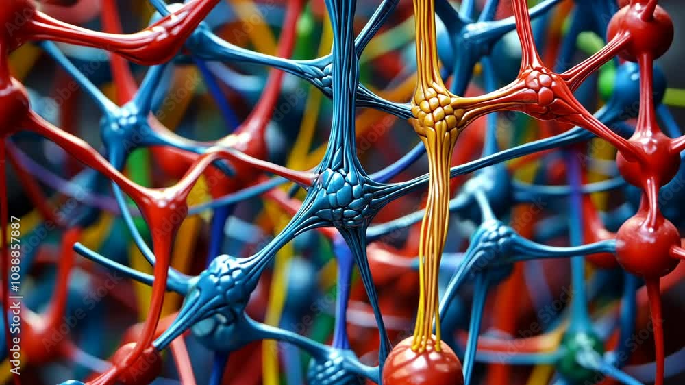 Aufkleber close-up view of a digital rendering showing a network of nodes connected by colorful, textured stra