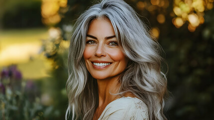 Obraz premium A Woman with Long, Gray Hair Smiles Outdoors in a Garden Setting