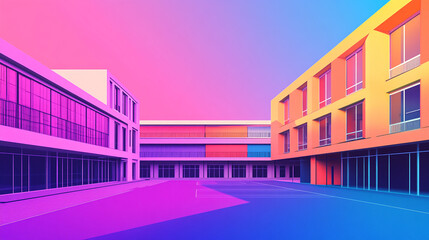Obraz premium Colorful modern buildings with a bright pink, orange, and blue sky.