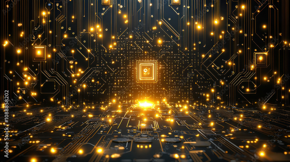 Aufkleber sophisticated tech themed backdrop with glowing gold elements, showcasing intricate circuit patterns