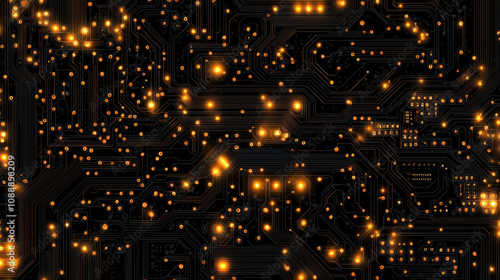 Poster abstract luxury tech background with glowing golden lights and intricate circuit patterns. this evok