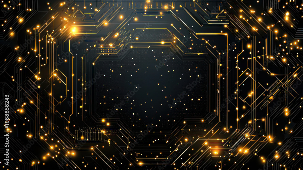 Poster abstract luxury tech background with glowing golden lights and circuit patterns. this design evokes 