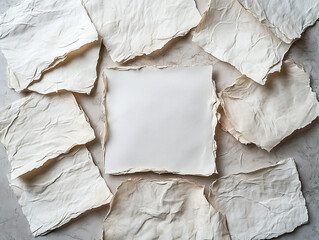 Multiple sheets of wrinkled textured paper stacked together on a flat surface.