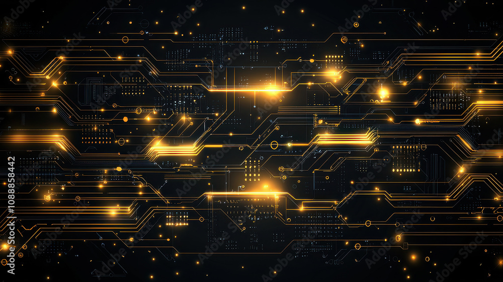 Poster elegant tech background with glowing golden circuit patterns, showcasing intricate designs and lumin