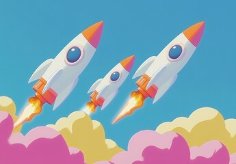Three cartoon rockets launch into a bright blue sky, leaving colorful clouds behind as they ascend into space.