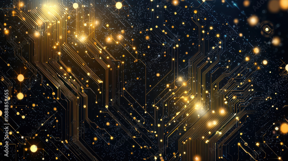Poster golden circuit patterns glowing on dark background create sophisticated and modern digital atmospher