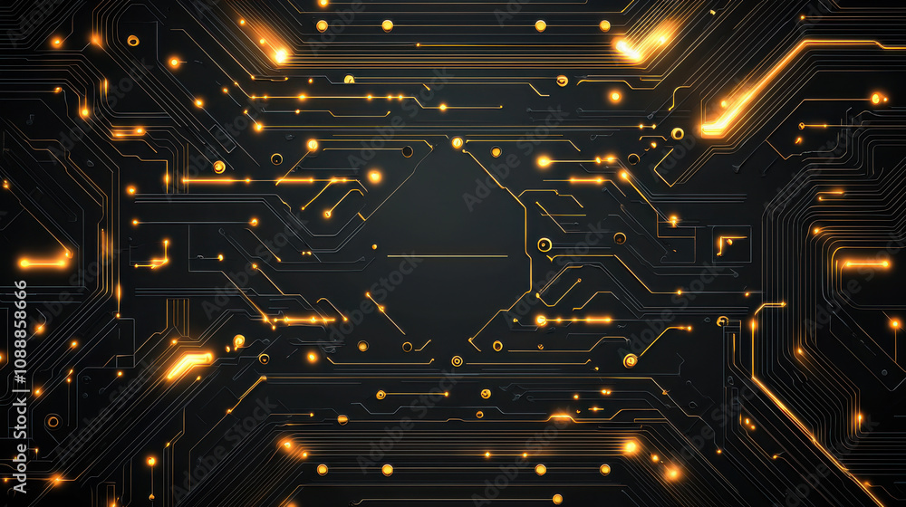 Poster golden circuit patterns glowing on dark background create sophisticated and modern digital aesthetic