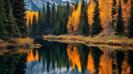 Fototapeta premium Autumnal forest reflecting in calm lake.