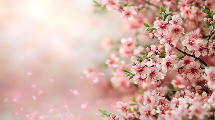 Fototapeta premium beautiful cherry blossom tree in full bloom, showcasing delicate pink flowers and lush green leaves, creating serene and peaceful atmosphere